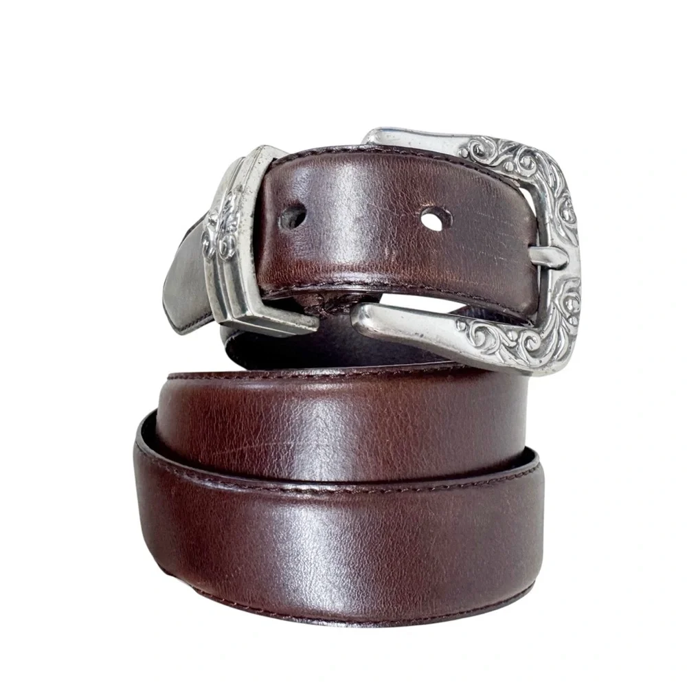 VINTAGE Fossil Brown Leather Western Engraved Silver Belt Medium Ornate Boho‎